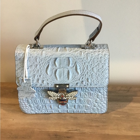 Movdari Holo Blue Crocodile Embossed Satchel Crossbody Handbag, Bee, Pearl, NWOT - Picture 2 of 11